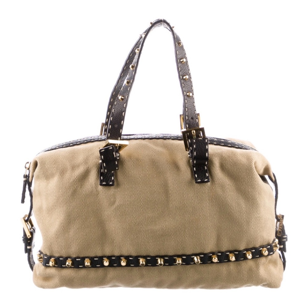 Fendi Selleria studded canvas shoulder bag with black leather studs